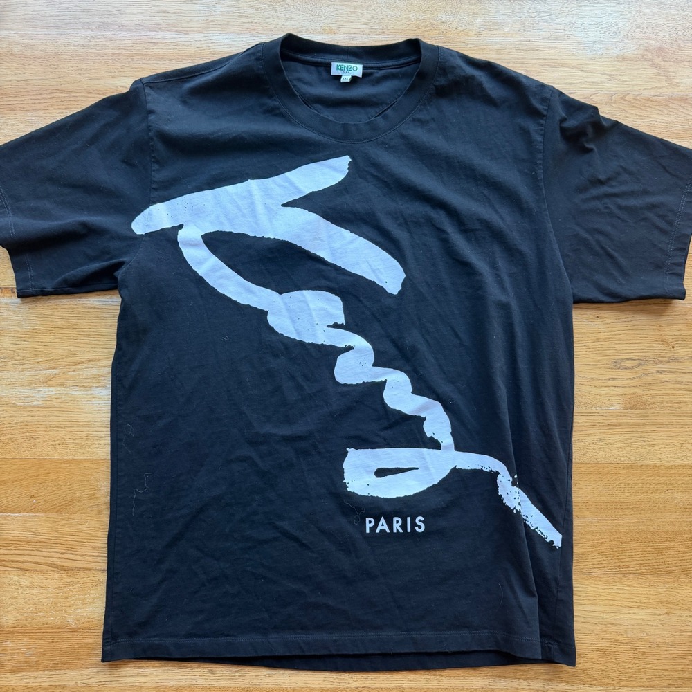 Kenzo Paris Mens XXL Black Graphic Brushstroke Logo T-Shirt Short Sleeve Cotton